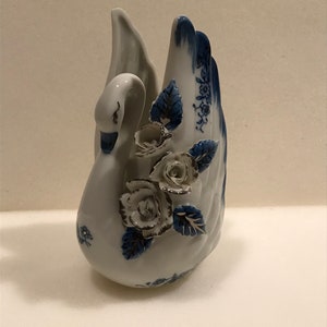 Blue Swan Bird and Flowers Porcelain Figurine Holder. Made in Canada Vintage Unique Rare