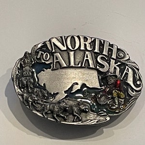 NORTH to ALASKA Enamel Pewter Belt Buckle Siskiyou 1984 Vintage Unique Rare