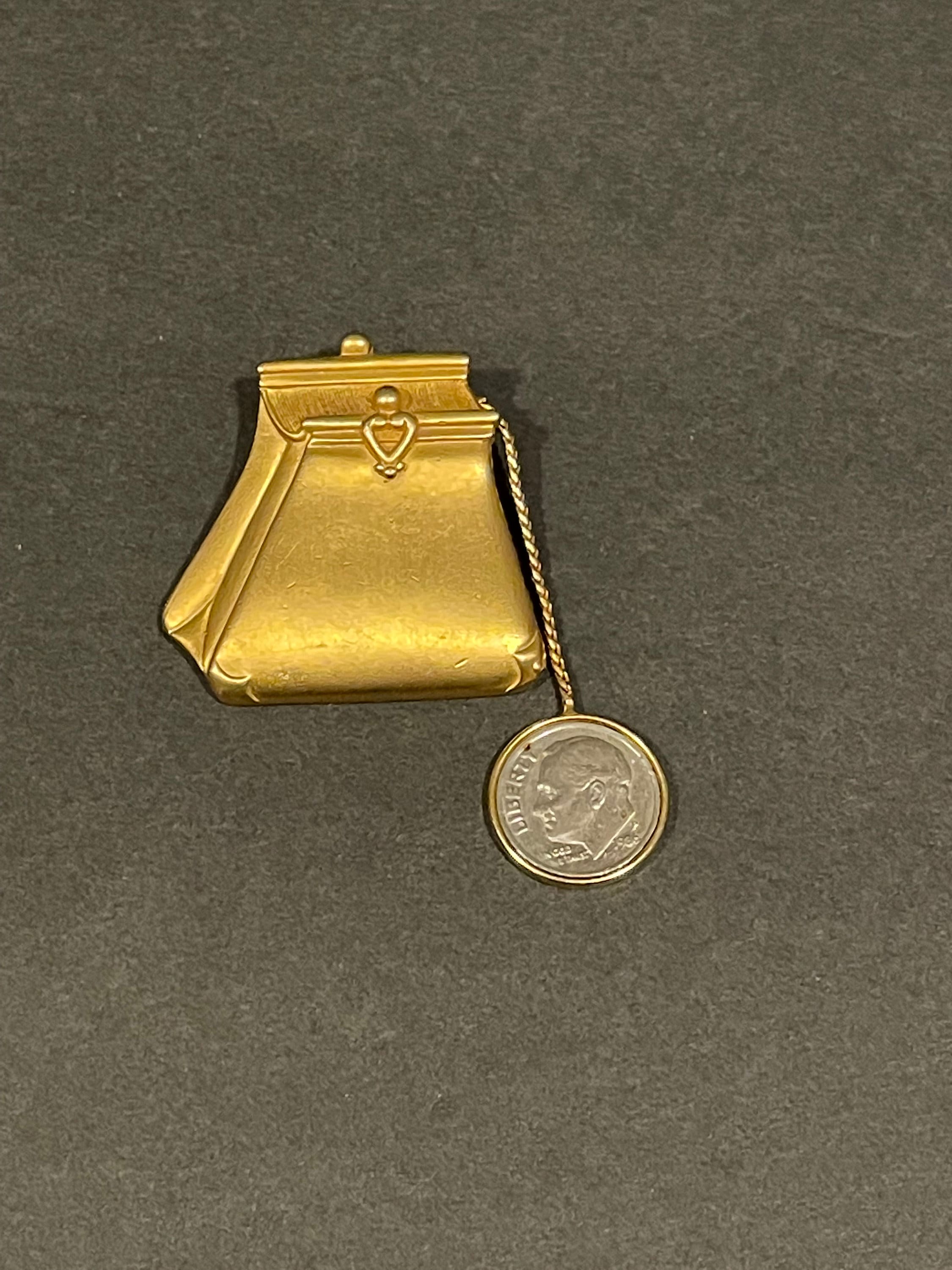 Coin Purse with Coin Dangle Gold Tone Metal Pin Brooch Signed Tona VINTAGE UNIQUE RARE