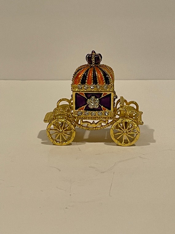 Golden Carriage Trinket Box Rhinestones Enamel Go… - image 1