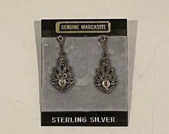 Sterling Silver 925 Genuine Marcasite Dangle Drop Earrings New VINTAGE UNIQUE RARE