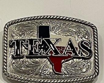 TEXAS Map Nocona Enamel Siver Tone Metal Belt Buckle Vintage Unique Rare