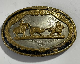 RODEO WESTERN Two COWBOYS Lasso Bull German Silver Belt Buckle Vintage Unique Rare
