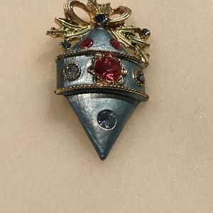 Christmas Ornament Enamel Rhinestones Silver Tone Metal Brooch Pin.VINTAGE UNIQUE RARE