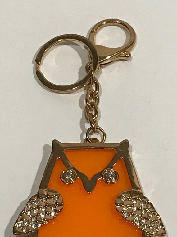 Vintage Orange Owl Clear Rhinestones Gold Tone Me… - image 3