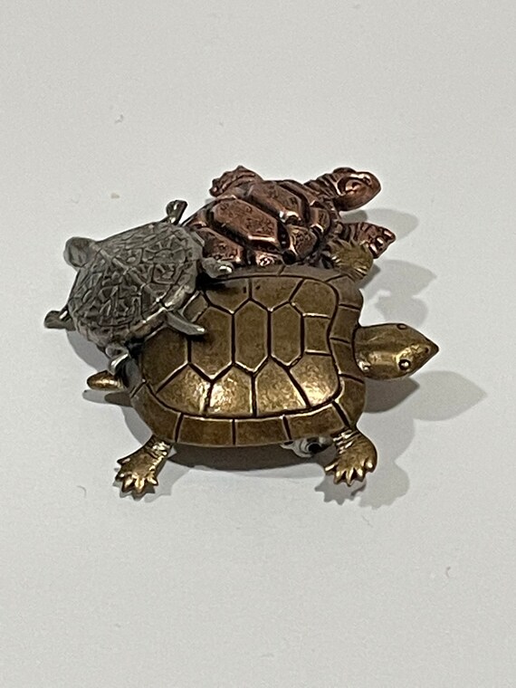 Tricolor Metal Turtle Triple Turtles Brooch Pin S… - image 2