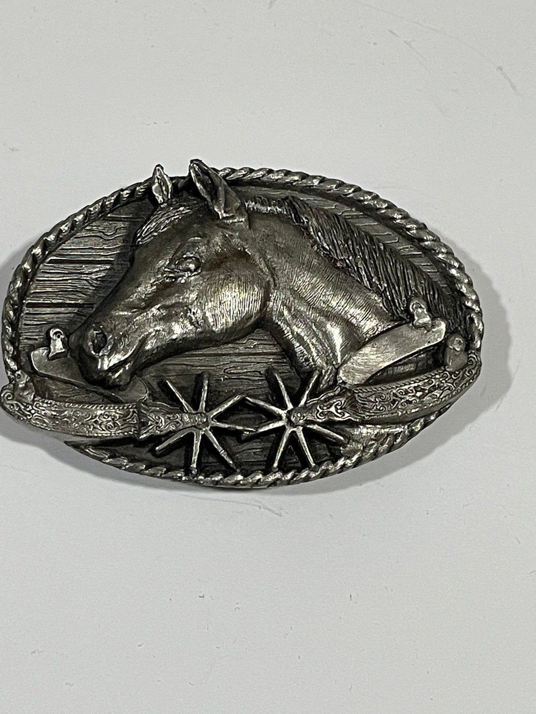 Horse Head Spur Pewter Metal Belt Buckle Siskiyou 1983 VINTAGE UNIQUE