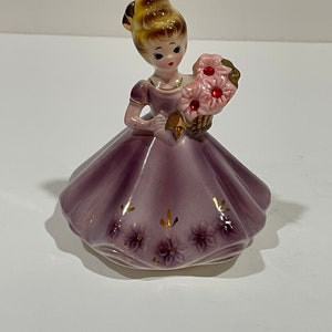Josef Original Girl in Purple Dress Red Rhinestones Flowers Porcelain Figurine Japan VINTAGE UNIQUE RARE