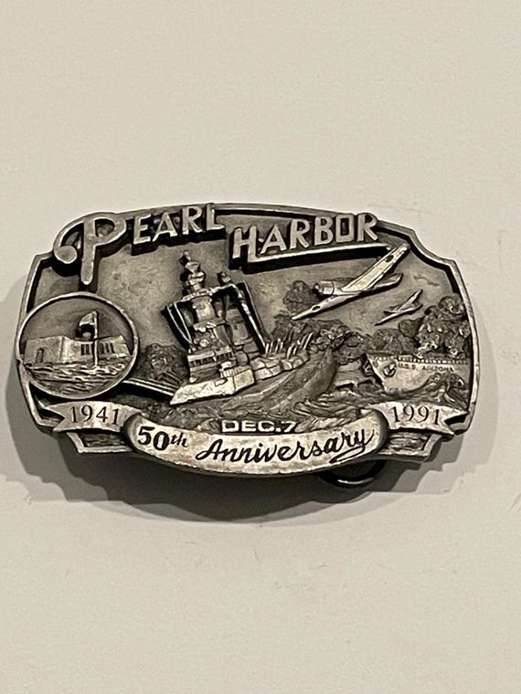 PEARL HARBOR 50th ANNIVERSARY Pewter Belt Buckle 1991 Vintage Unique Rare