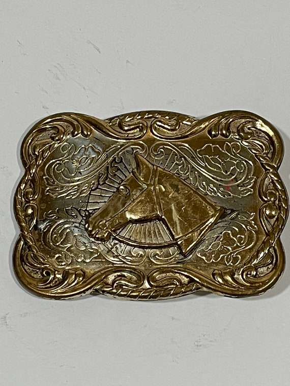 Horse Head Gold Silver Tone Metal Belt Buckle Vintage Unique  display picture 2