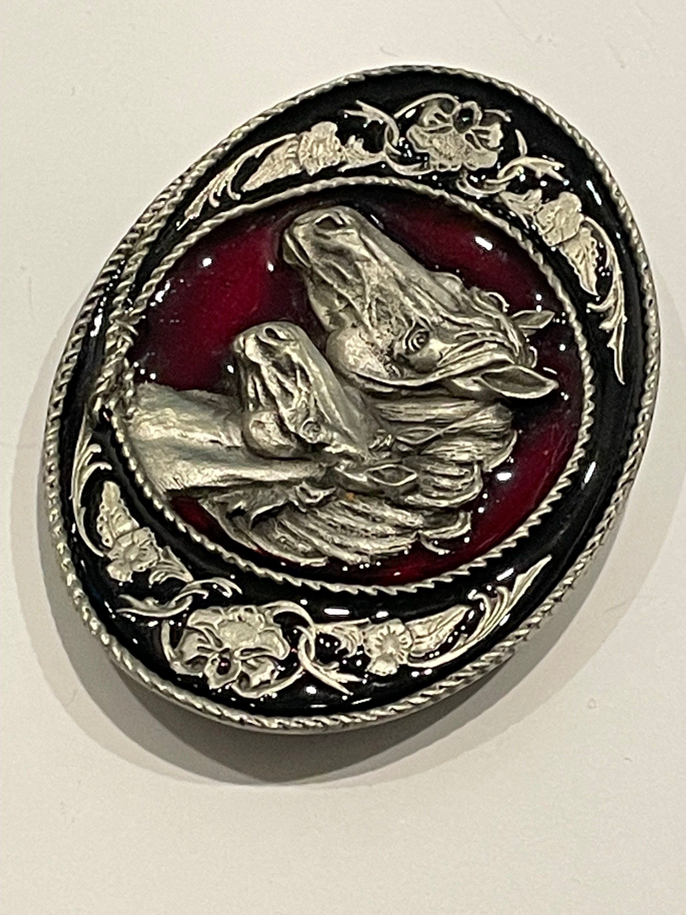 Double Horse Head Enamel Pewter Siskiyou Belt Buckle 1991 