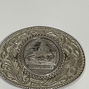 Queen Mary the Stateliest Ship in Being Silver Tone Metal Oval Belt Buckle Vintage Unique Rare