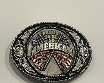 PROUD to be an AMERICAN Siskiyou Pewter Enamel Belt Buckle 1991 Vintage Unique Rare