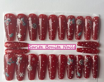 Christmas Holly and Pinecone Press-On Nails