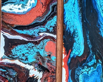 Dittico acrilico colato, pittura astratta nei toni del rame, marrone e blu, set di 2