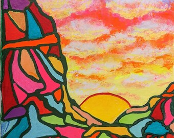 Original and one of a kind acrylic paint pen depiction of an alien sunrise. Vibrant and bright poster type art on canvas