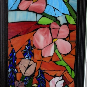 stained glass mosaic, glass on glass mosaic, unique mosaic gift, floral mosaic, stained glass floral, abstract floral, unique art