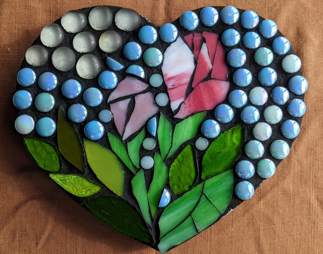 Floral Heart Shaped Mosaic Made With Glass Tiles and Stained Etsy