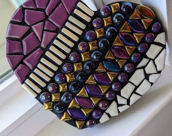 Multi media ceramic and glass handcrafted mosaic heart unique gift wall decor home art red iridescent metallic, gold, white purple tiles