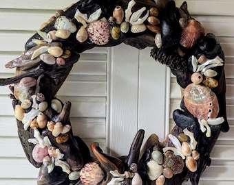 Driftwood and shell decorative wreath coastal decor 10"