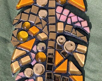 Mosaic leaf wall art gold tan peach glass ceramic tiles 13.5" long.  #ZZ