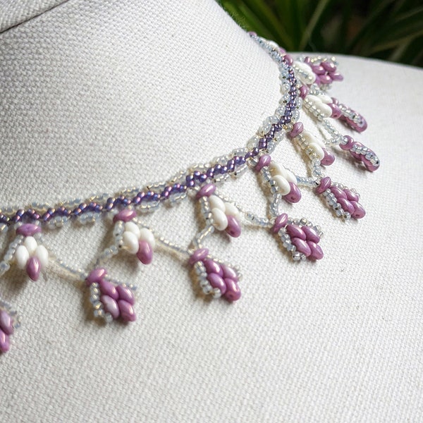 Hand made purple and white super duo  seed bead woven netted necklace statement necklace faceted crystal drops and rounds lacy dainty