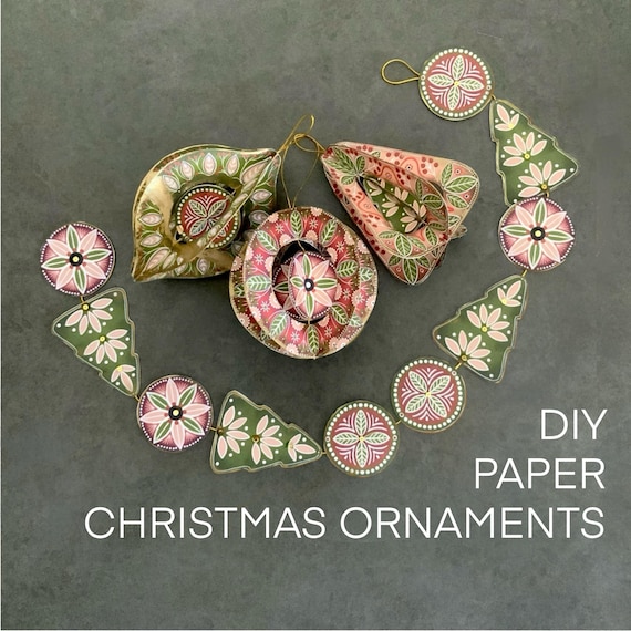 Christmas tree paper ornaments set of 3, Vintage style festive decoration, Cutting machine files