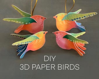 Ornamenti di uccelli di carta 3D, set da 2, materiale per lavoretti di famiglia (download digitale, file PNG e istruzioni di montaggio)