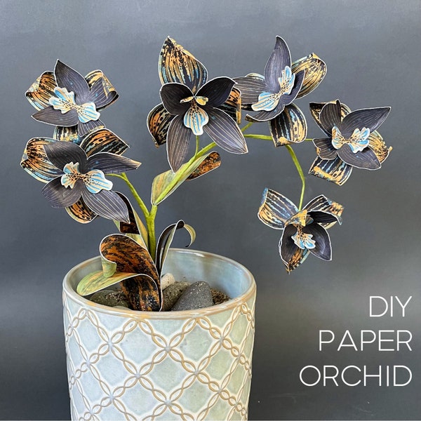 Plante d'orchidée en papier jaune-noir - modèles imprimables et tutoriel, cadeau d'amant d'orchidée, kit numérique de décoration florale pour la maison DIY