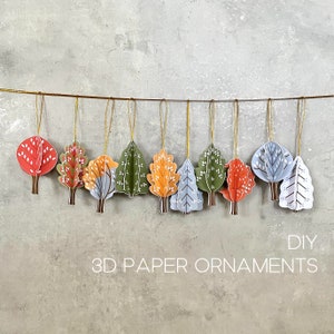 Minimalist Scandinavian style 3D Christmas tree ornaments, Sustainable holiday decoration - set of 10 + 2 printable greeting cards