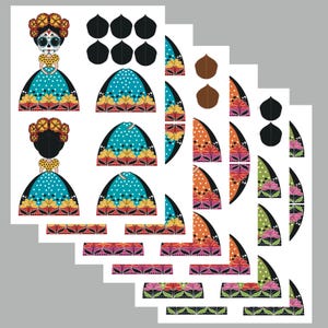 May include: A set of printable paper craft sheets featuring a Day of the Dead inspired female figure with a floral headpiece, skull face paint, and a polka dot dress. The sheets include various dress panels, skirt segments, and floral patterns.