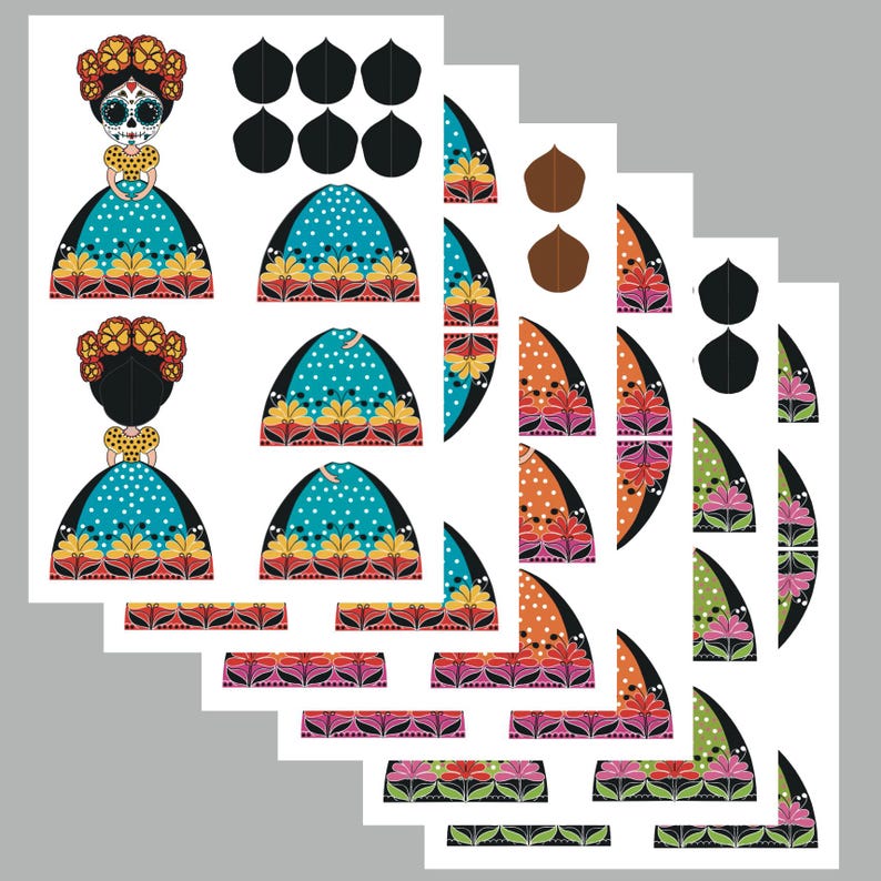 May include: A set of printable paper craft sheets featuring a Day of the Dead inspired female figure with a floral headpiece, skull face paint, and a polka dot dress. The sheets include various dress panels, skirt segments, and floral patterns.