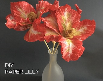 Crepe paper Lily printable tutorial, DIY flower step by step easy lesson