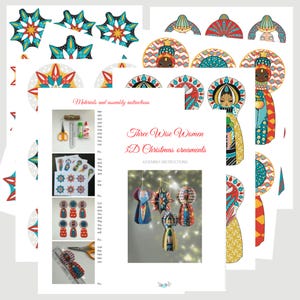 May include: A printable craft sheet for Three Wise Women 3D Christmas ornaments featuring colorful illustrated figures, star-shaped toppers, and assembly instructions with photos showing scissors, glue, and a ruler for crafting these decorations.