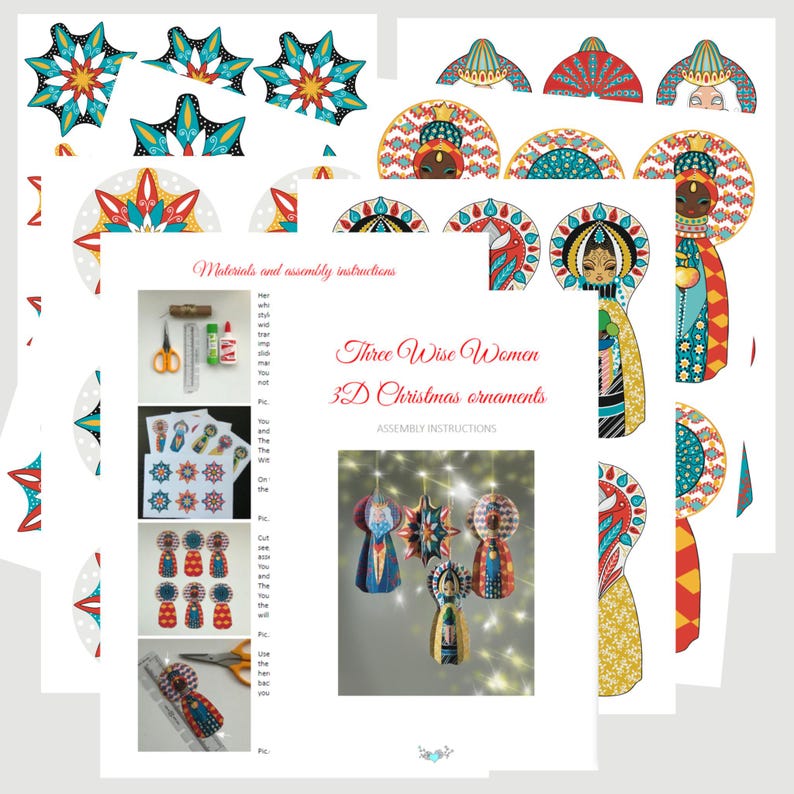 May include: A printable craft sheet for Three Wise Women 3D Christmas ornaments featuring colorful illustrated figures, star-shaped toppers, and assembly instructions with photos showing scissors, glue, and a ruler for crafting these decorations.
