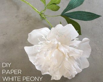 Gentle white Crepe paper Peony flower - step by step instruction with detailed photos, Best gift for crafters, Home decoration idea