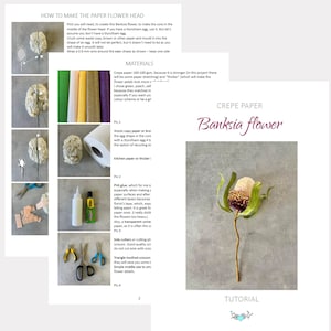 May include: A guide on crafting a Banksia flower using crepe paper. The image details the process with materials such as paper, glue, scissors, and wire. The final flower is shown, alongside the tutorial text.