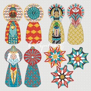 May include: A collection of paper cutouts featuring three stylized figures in ornate, colorful robes with circular headpieces, alongside their corresponding back designs and three multi-pointed star shapes in red, teal, yellow, and white.