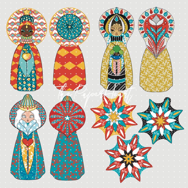 May include: A collection of paper cutouts featuring three stylized figures in ornate, colorful robes with circular headpieces, alongside their corresponding back designs and three multi-pointed star shapes in red, teal, yellow, and white.