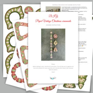 May include: A DIY project featuring printed paper vintage Christmas ornament templates and assembly instructions. The templates include various shapes with green, red, and pink floral designs. The instructions are on a white sheet with the title "Paper Vintage Christmas ornaments".