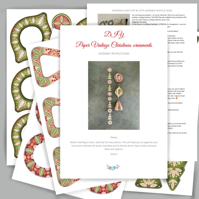 May include: A DIY project featuring printed paper vintage Christmas ornament templates and assembly instructions. The templates include various shapes with green, red, and pink floral designs. The instructions are on a white sheet with the title "Paper Vintage Christmas ornaments".