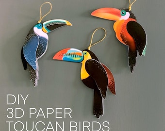 Toucan paper ornament set, DIY Tropical bird decoration, Cricut + Hand-cut templates
