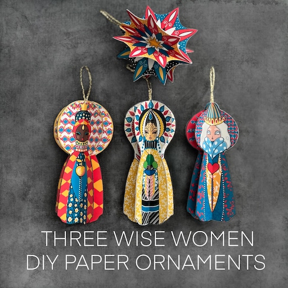 Three Wise Women and a Star 3D paper Christmas ornaments, Last minute DIY decoration