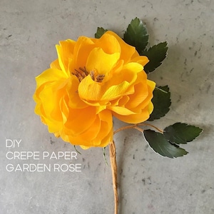 Könnte beinhalten: DIY-Projekt für eine Gartenrose aus Krepppapier. Eine einzelne gelbe Krepppapierrose mit grünen Blättern und einem braunen Stiel.