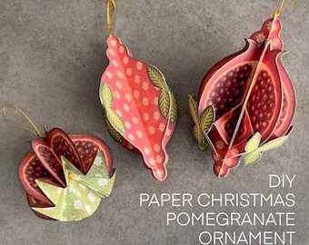 Printable 3D Pomegranate Christmas Ornament, Paper Holiday Decor (PDF, Cricut Files, Assembly instructions)