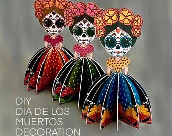 Dia de los Muertos 3D paper doll decoration - set of 3, Printable La Catrina PDF templates for hand cutting, Cricut files