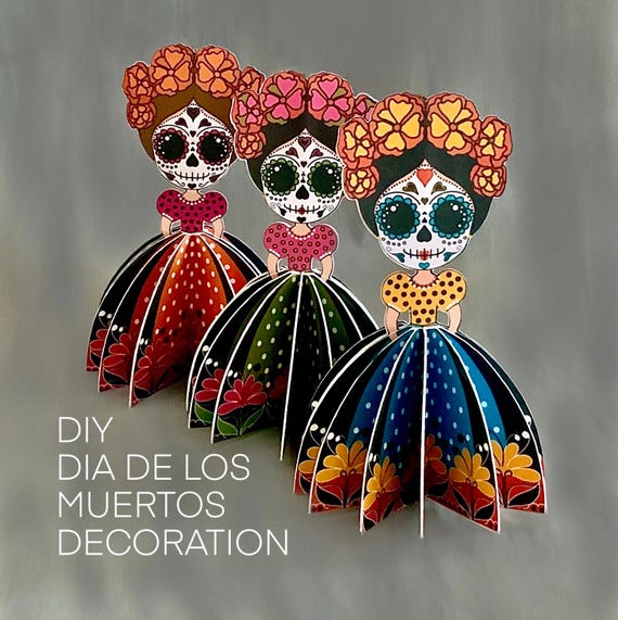 Dia de los Muertos 3D paper doll decoration - set of 3, Printable La Catrina PDF templates for hand cutting, Cricut files