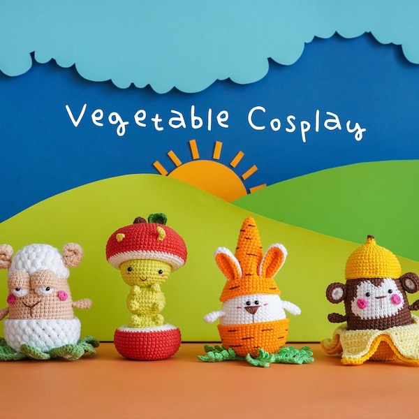 The Vegetable Cosplay Bundle: Carrot, Apple, Cauliflower, Banana Crochet Pattern by Aquariwool Crochet (Amigurumi Pattern for Baby gift)