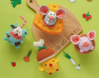 Food Cosplay Bundle: Mouse, Pig, Chicken, Cow Crochet Pattern by Aquariwool Crochet (Crochet Doll Pattern/Amigurumi Pattern for Baby gift)