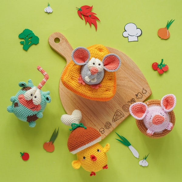 Food Cosplay Bundle: Maus, Schwein, Huhn, Kuh Häkelanleitung von Aquariwool Crochet (Häkelanleitung für Babys/Amigurumi Häkelanleitungen)